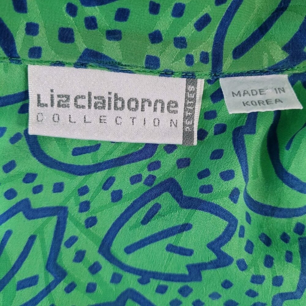 VTG Liz Claiborne Green 100% Silk Leaf Print Unlined Lightweight Jacket Size MP - Picture 3 of 13